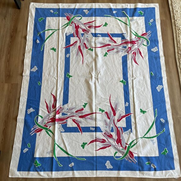 Vintage 50s Simtex Cotton Tablecloth 65x52 // Blue Border // Wheat & Butterflies - Picture 1 of 3
